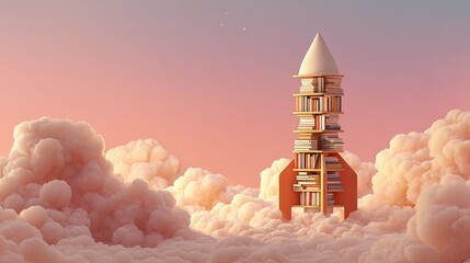 Poster - Imaginative futuristic rocket shaped building towering above pink fluffy clouds at sunset.