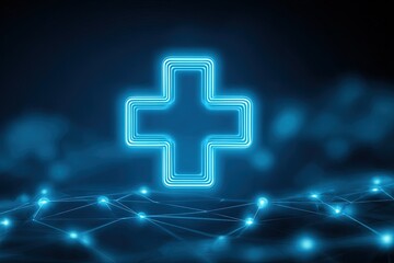 Aufkleber - Glowing neon cross symbol with digital network background representing healthcare technology.