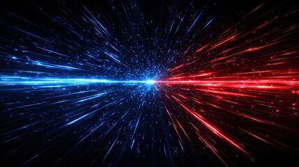 Poster - Dynamic laser light beam explosion with red and blue colors in abstract space scene.