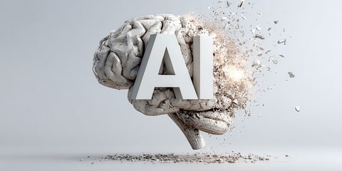 Poster - Digital AI brain explosion with shattered fragments and glowing effect.
