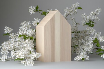 Poster - Wooden house shape surrounded by white blossoms