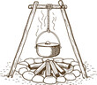 © smth.design - Iron pot hanging over campfire with wooden tripod and stones outdoor cooking, rustic wilderness meal preparation