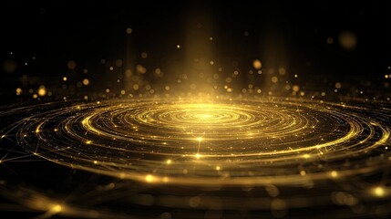 Poster - Glowing golden abstract circular pattern with radiant light particles and sparkles.