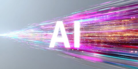 Poster - Dynamic Digital Data Stream with Bright Colorful Light Trails and AI Concept.