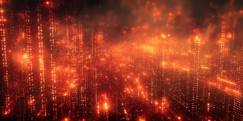 Poster - Futuristic glowing digital cityscape with vibrant orange and gold lights at night.