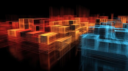 Poster - Futuristic digital neon cityscape with glowing transparent blocks in vibrant colors.