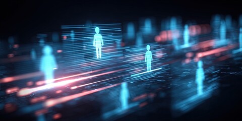 Poster - futuristic digital human silhouettes glowing vibrant interface technology background.