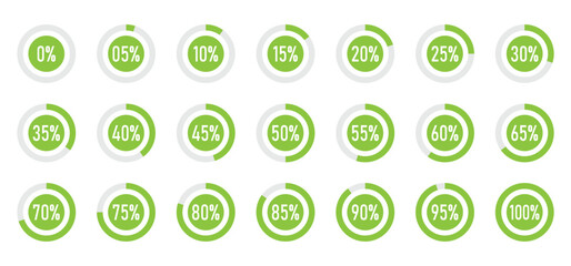 Poster - Percentage circle set. Progress or loading percentage infographic icons containing 0% to 100% with 5% increase. Transparent vector for app, UI, website and animation design element.
