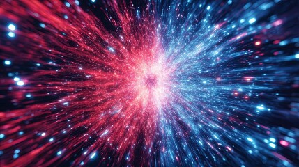 Poster - Vibrant Cosmic Explosion of Bright Red and Blue Particles Radiating Outward in Space Scene.