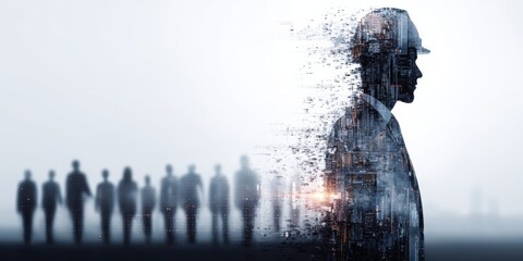 Poster - Modern digital person silhouette with fragmented effects and multiple figures in background.