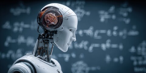 Poster - Highly detailed humanoid robot with open electronic components and advanced artificial intelligence in a futuristic scientific environment.