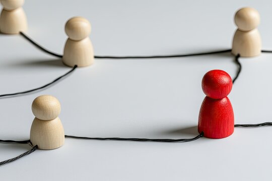 Wooden figures connected by threads, one red