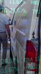 Poster - Animation of financial data processing over delivery man loading up car outside of warehouse