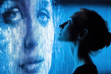 Poster - Woman Looking at a Digital Waterfall of a Large Face on a Blue Screen in a Dark Room.