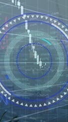 Poster - Animation of round scanner and financial data processing against aerial view of cityscape
