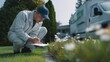 © Generative AI - Pest controller inspecting garden plants outdoors with clipboard and van in background.