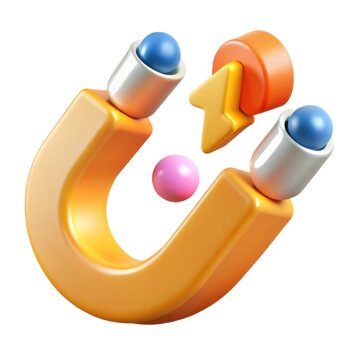 3d rendered horseshoe magnet attracting a yellow lightning bolt and pink sphere