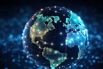 Poster - A digital, glowing globe highlighting interconnected networks across continents with illuminated cities, symbolizing global connectivity and technology.