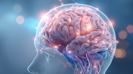 Poster - Highly detailed digital illustration of a human brain with neural connections and glowing synapses in side profile view.