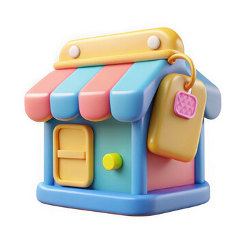 Cute 3d rendered storefront with a price tag isolated on transparent background