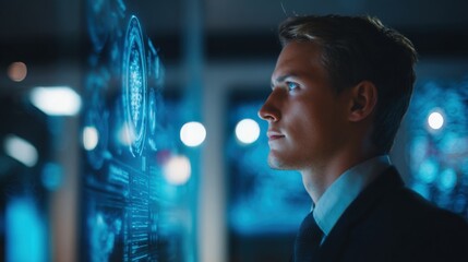 Poster - Young Man Analyzing Futuristic Digital Interface With Bright Technology Elements.