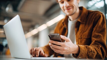 Poster - Young man using smartphone at laptop in modern workspace with natural lighting.