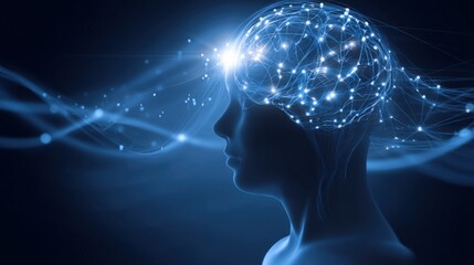 Poster - Human profile with illuminated neural network and digital connections illustrating artificial intelligence.