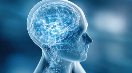 Poster - Highly detailed digital illustration of a human brain within a transparent head profile with glowing neural networks.