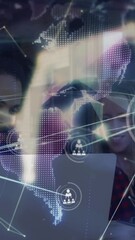 Poster - Animation of network of connections with globe over diverse people using laptop
