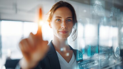Poster - Businesswoman Interacting with Digital Data Interface in Modern Office Environment.