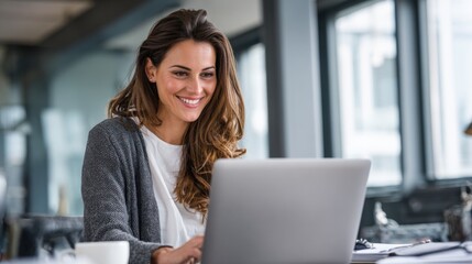 Aufkleber - Happy woman working on laptop in modern office with large windows and natural light.