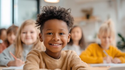 Poster - Diverse Group of Happy Children in Classroom Listening and Smiling during Learning.