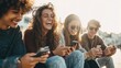 © Generative AI - Group of happy young adults using smartphones outdoors during daytime sunlight.