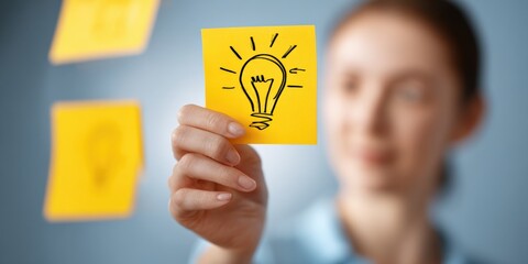 Poster - Woman Holding Yellow Sticky Note with Light Bulb Drawing in Office Environment.