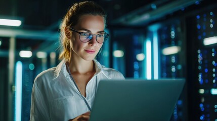 Poster - Woman with glasses using laptop in a high tech data center with blue lighting.