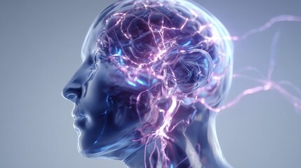 Poster - Highly detailed futuristic digital illustration of a human head with illuminated brain and neural network pathways.