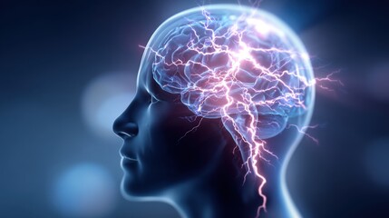 Poster - Detailed side profile of human head with illuminated brain and vibrant lightning effects.