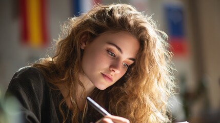 Poster - Close-up of thoughtful young woman with curly hair studying in classroom with international flags.