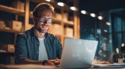 Poster - Young man working on a futuristic holographic computer interface in a modern office environment.