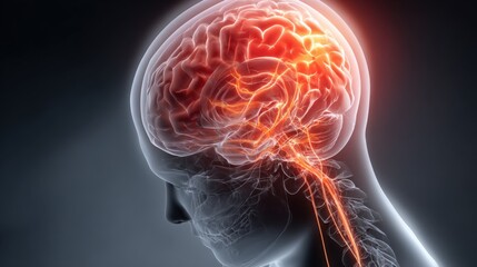 Poster - Detailed digital illustration of human brain with neural network and glowing inner structures.