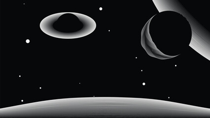 Wall Mural - Stars and exoplanet in outer space. Futuristic landscape, with lines . Night landscape with starry sky .Vector illustration