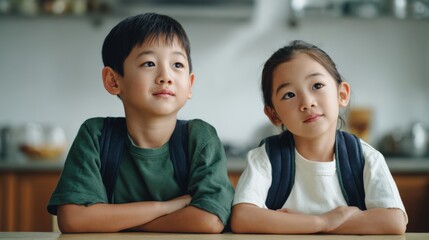 Poster - Two Asian schoolchildren with backpacks sitting at desk in classroom looking thoughtful.