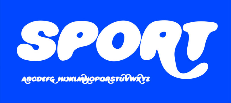 Bold Sport Font Alphabet with Fun Liquid Style Letters on Blue Background, Heavy Typeface for Modern Branding, Dynamic Poster Headline, Automotive or Transport Design. Vector Illustration