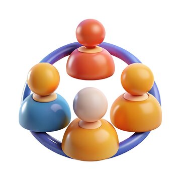 Abstract 3d rendering of a diverse group of five stylized people icons connected in a circle isolated on white background