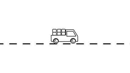 Poster - Delivery truck icon driving along a dashed line on a white background illustrating transportation and logistics concepts
