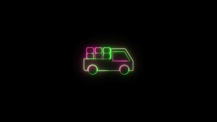 Poster - Neon glow delivery truck with cargo a vibrant icon on black background illustrating shipping and transportation