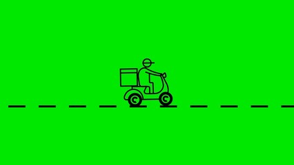 Poster - Delivery man riding scooter with food package icon on green background representing fast food delivery