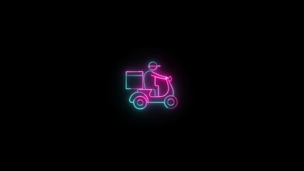 Poster - Neon delivery icon depicting courier on motor scooter with a food delivery box on black background for online ordering