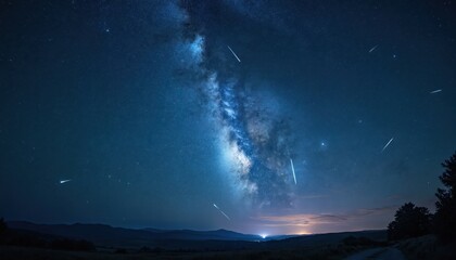 Wall Mural - Night sky with meteor shower, bright milky way galaxy. Celestial cosmic illustration, shooting stars over dark nature landscape. Dark blue space background with trails of light, fast meteor speed,