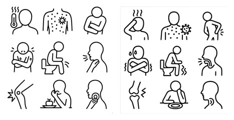 Poster - The image is a collection of various medical conditions and symptoms, such as a fever, a sore throat, and a runny nose. Scene is serious and informative